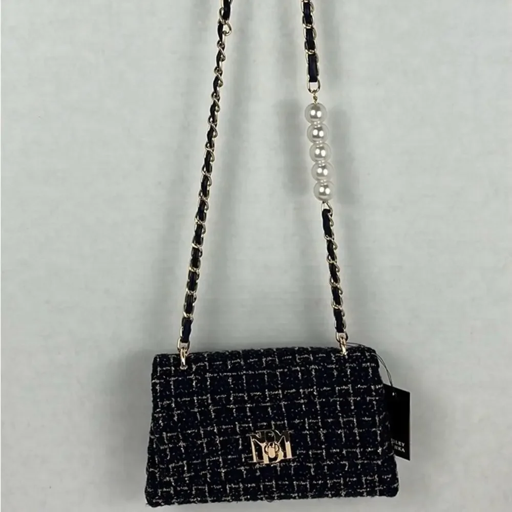 Badgley Mischka Purse Navy Blue Textured Messenger Bag Crossbody Gold Accents - Picture 2 of 11